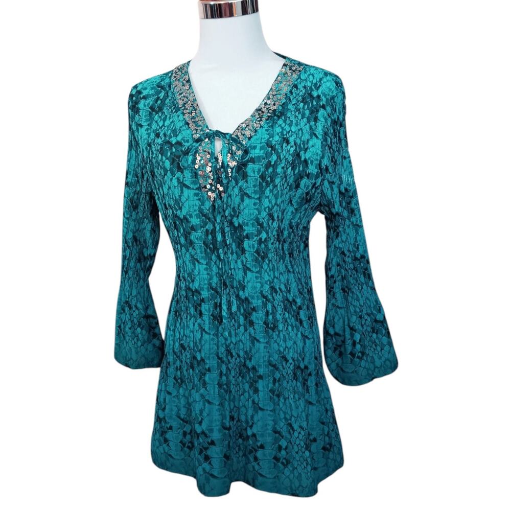 Y2K FASHION BUG Top Blouse L Accordion Pleats Flare Sequins Snake‎ Turquoise
